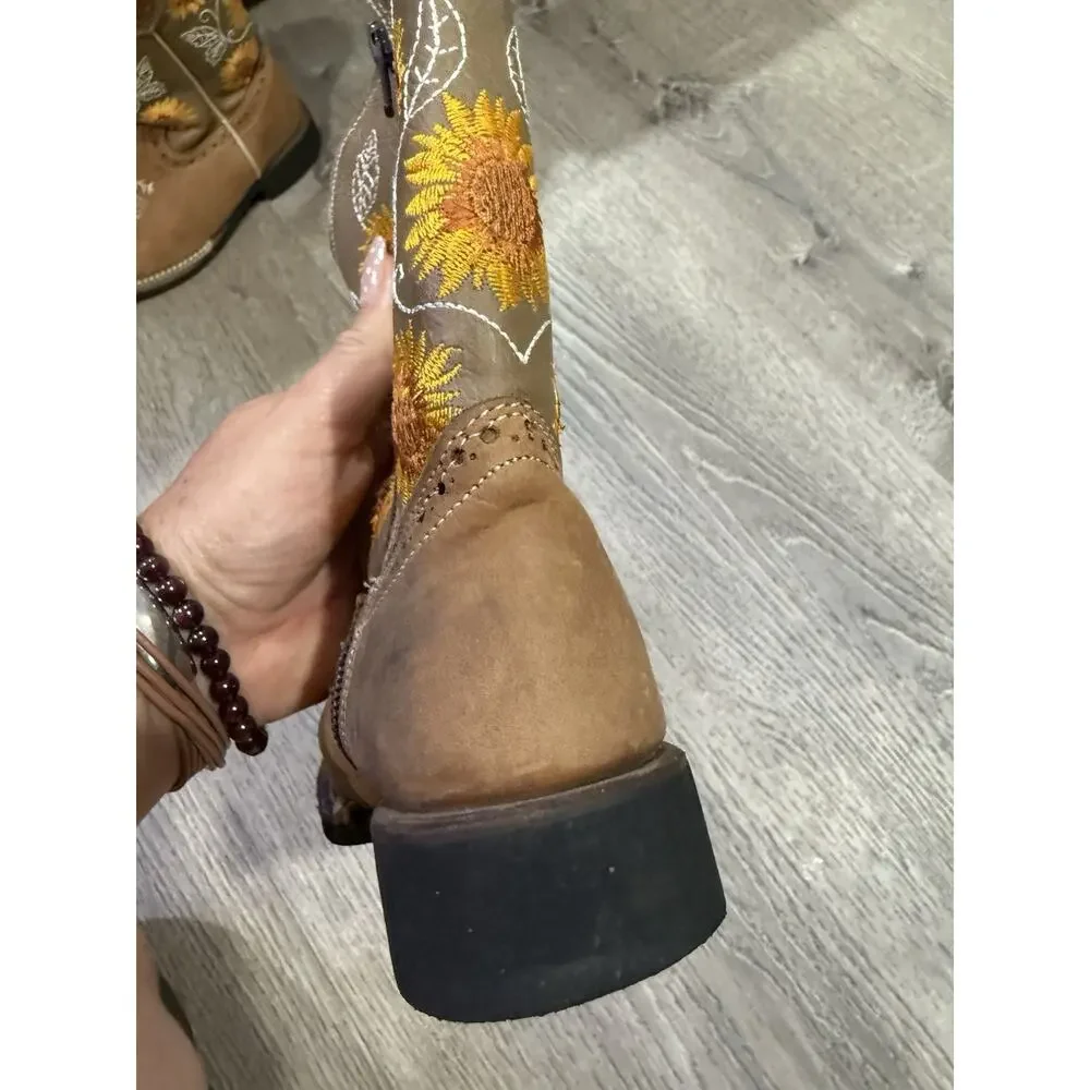 Verthali sunflower custom embroidered boots Genuine leather Girl Size 12 EUC